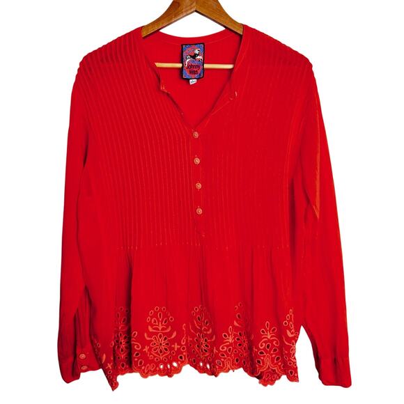Johnny Was Peplum Top Womens L Red Embroidered Floral Scalloped Boho Cottagecore - Picture 1 of 13